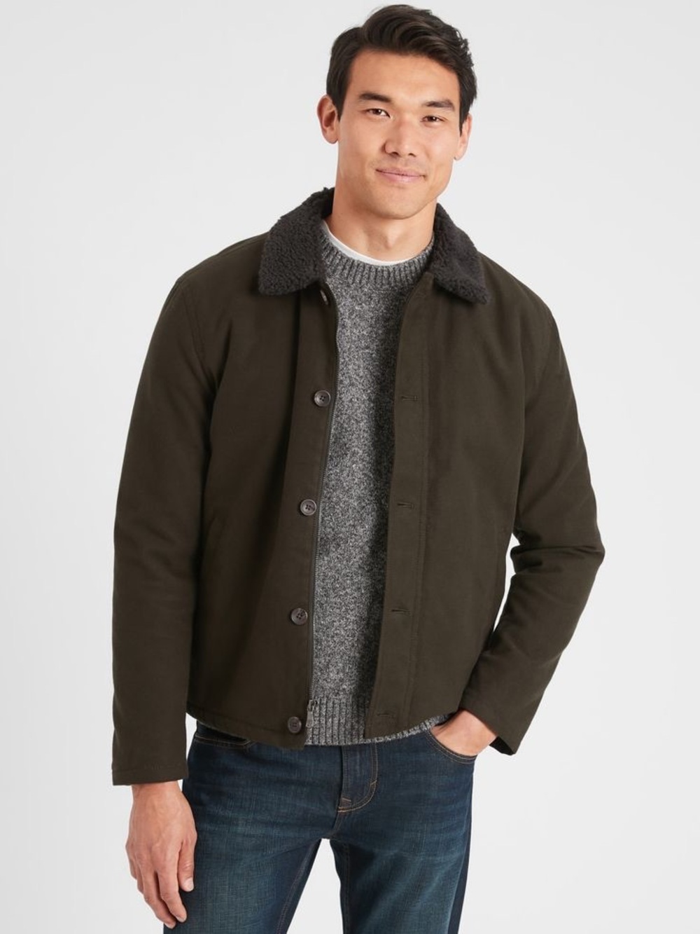 Banana Republic Factory Men's Moleskin Sherpa Jacket in Dark Olive